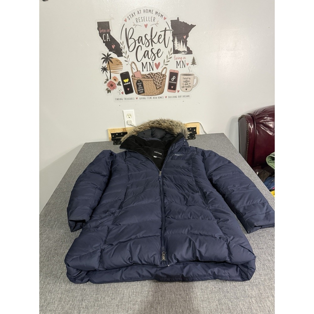 Marmot Women's Navy Hooded Down Puffer Coat Faux Fur Trim Mid-Length Full Zip